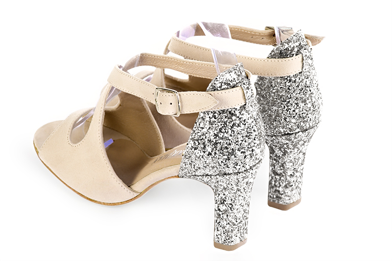 Champagne beige and light silver women's closed back sandals, with crossed straps. Round toe. High kitten heels. Rear view - Florence KOOIJMAN